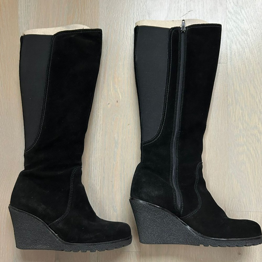 LA CANADIENNE Women SZ 5.5 M Black Suede Knee High Waterproof Wedge Boot